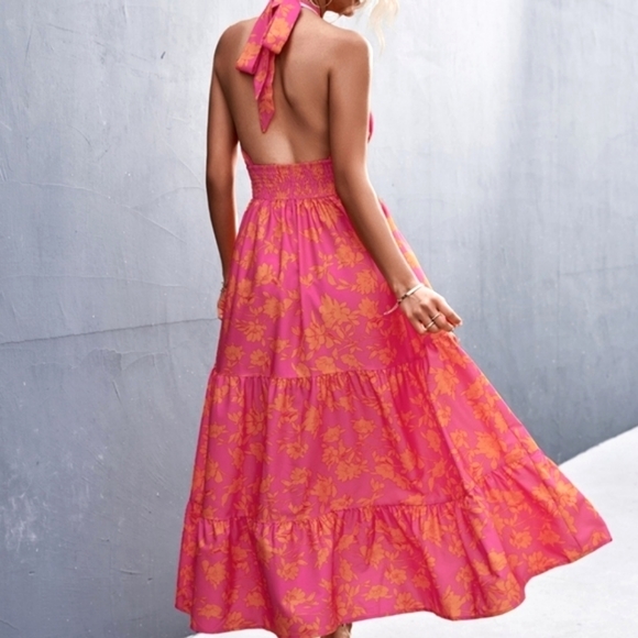 Cross Halter Maxi Dress Pink Orange Floral Summer Open Back Size S M L - Picture 3 of 7